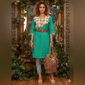 Navani Collections Boho Teal Embroidered Tunic Dress Elephant Peacock Sz 38/M